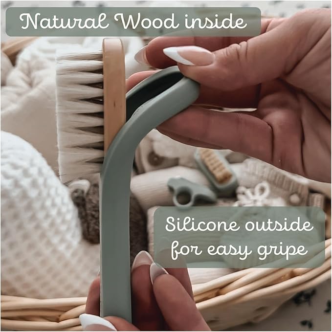 nouka Baby Care Kit Set | Ultra-Soft Natural Bristle Hair Brush, Nail Clippers & Nail Brush | Wood with Silicone Sleeve | Bloom