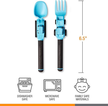 Dinneractive Utensil Set for Kids – Construction Themed Toddler Forks and Spoons, Toddler Utensils – 2-Piece Set – Blue Construction Utensils for Toddlers - Loader & Tractor Toddler Spoons and Forks