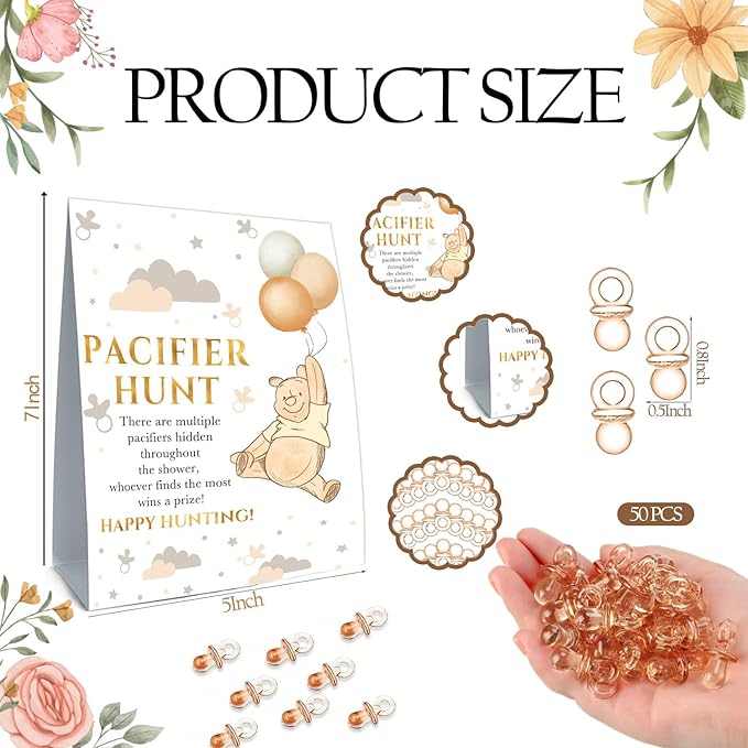 Winnie Pacifier Hunt Sign, Mini Pacifiers Baby Shower Game Set 50Pcs Brown 5 * 7IN