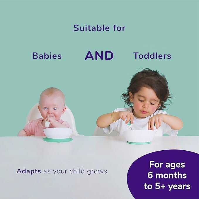 doddl Toddler and Baby Suction Bowl, Ergonomic Toddler Dishes for Self Feeding, 1-3 Year Olds, Dishwasher Safe, BPA Free (White & Aqua)