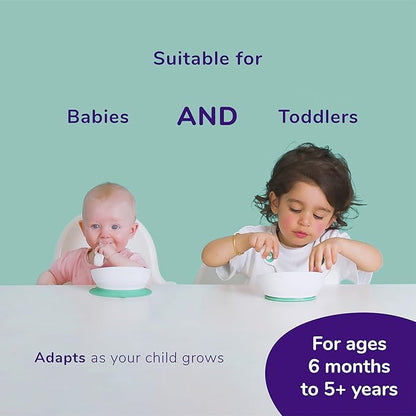 doddl Toddler and Baby Suction Bowl, Ergonomic Toddler Dishes for Self Feeding, 1-3 Year Olds, Dishwasher Safe, BPA Free (White & Aqua)