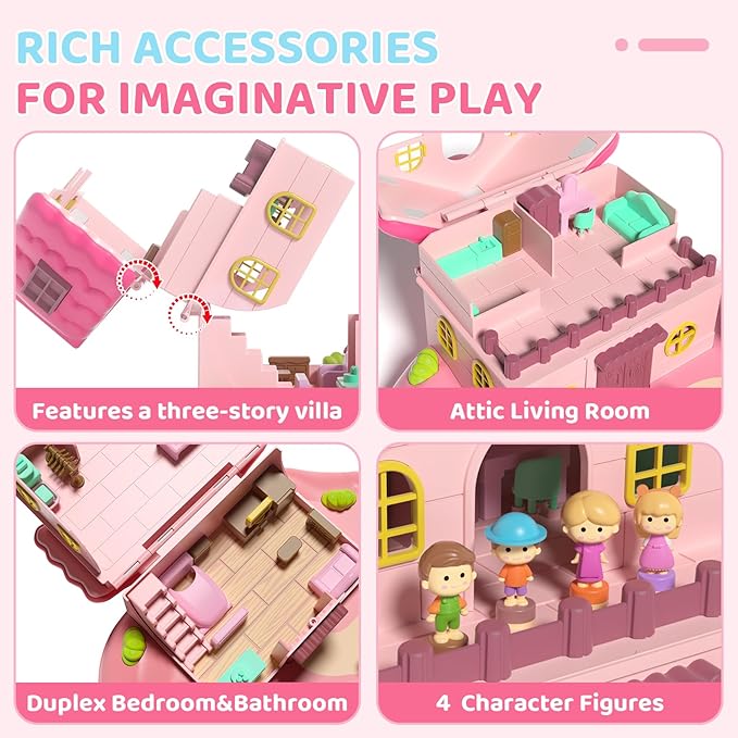 Magnetic Doll House Playset for 2-4 Girls Gifts, Princess Dollhouse with Music, Light, 4 Toy Figures, Girl Toys for 3-5 Years Old, Christmas Birthday Gifts for Kids Age 3 4 5 6 Years Old Girls