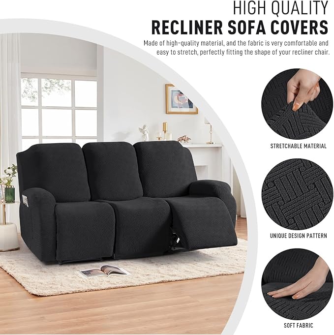 KinCam Recliner Covers, Stretch Reclining Chair Covers, Recliner Sofa Slipcovers Stripe Jacquard Recliner Couch Covers Furniture Protector Covers for Pet Kid (3 Seater, Black)