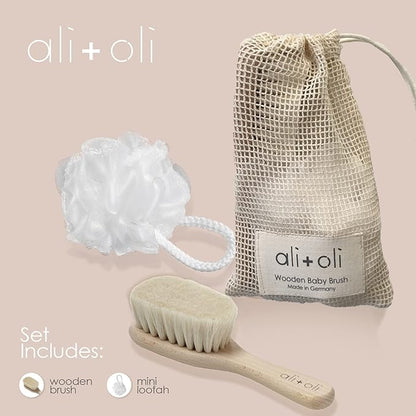Ali+Oli Newborn Wooden Hair Brush- Baby Brush Set for Newborns- Baby Hair Brush with Mini Loofah- Infant Hair Brush, Cradle Cap, Wooden Baby Brush with Soft Goat Bristle