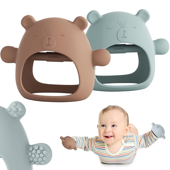 USLAI 2 Packs Baby Teething Toy for Over 3 Months, Food Grade Silicone Teething Mitten