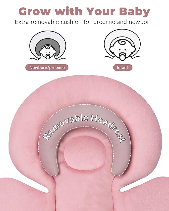 Infant Car Seat Insert with Extra Cushion for Preemie to Infants, Reversible Newborn Carseat Insert Head Support, Fits for Stroller, Baby Swing, Rocker, Bassinets, Pushchair (Pink)