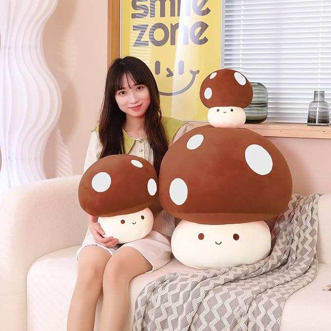 Kawaii Plush Mushroom Toy Pillow, Cute Plushies Mushroom Doll Gift for Kids(Brown 23cm/9in)