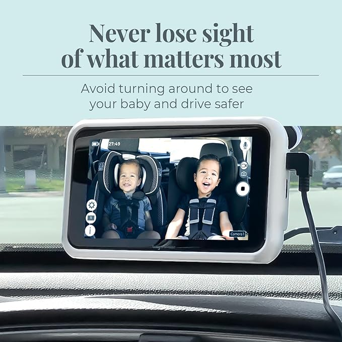 Tiny Traveler Baby Car Camera for 2 Kids, 5” Touch Screen Baby Car Monitor, No WiFi Baby Camera for Car Home Travel Roadtrip – Rear-Facing Car Seat Monitor Night Vision Baby Reminder Alert - Black
