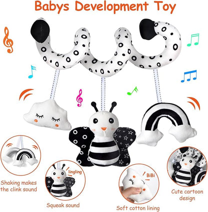Car Seat Toys, Infant Baby Spiral Activity Hanging Toys Stroller Toys for Car Seat Stroller Bar Crib Bassinet Mobile with BB Squeaker and Rattles (Bee)
