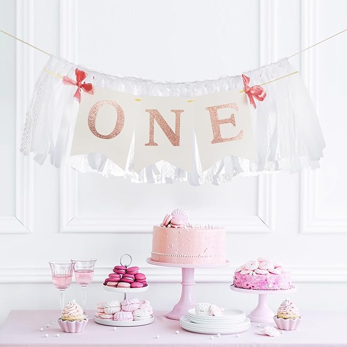 Rose Gold Blush White Highchair Banner, 1st Birthday High Chair Banner