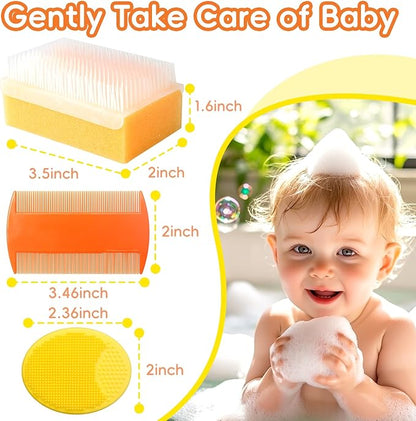 Cradle Cap Brush for Babies, Baby Bath Essentials with Silicone Scrubber Bath Sponge Dual-Sided Comb for Newborns Toddlers Boys Girls (Orange, Set of 5)