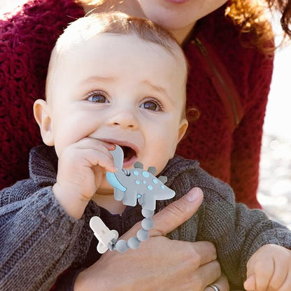Baby Teething Toys for Babies 3-6 6-12 Months, Dinosaur Teether Pain Relief Toy with One Piece Design Pacifier Clip Holder Set