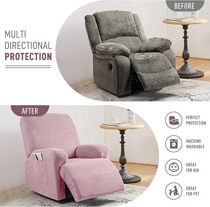 KinCam Recliner Covers, Stretch Reclining Chair Covers, Recliner Sofa Slipcovers Stripe Jacquard Recliner Couch Covers Furniture Protector Covers for Pet Kid (1 Seater, Pink)