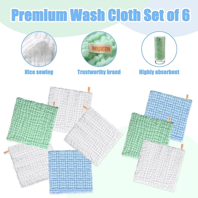 MUKIN Baby Washcloths - Natural Cotton Baby Wipes 10 Pack 12x12 inches