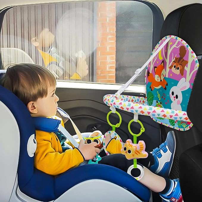 OKOOKO Car Seat Toy Rear Facing Car Seat Toy Baby Travel Toy Double-Sided with Baby Mirror Plush Toys Rattle Teether Thickened Pad Adjustable Sensory Toy for Newborn Baby Infant
