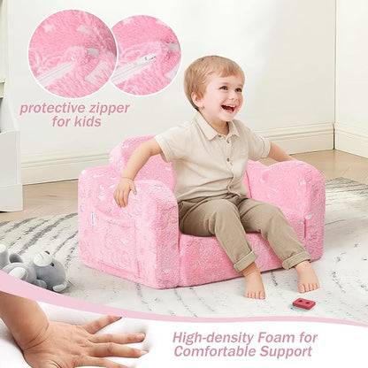 MeMoreCool Glow-in-The-Dark Unicorn Kids Couch – Soft Plush Folding Toddler Chair and Fold-Out Recliner for Boys and Girls