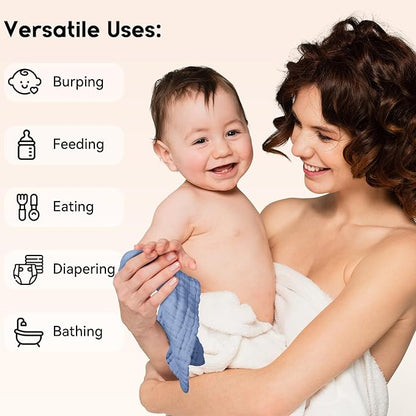 Muslin Baby Washcloths 6 Pack, 100% Cotton Wash Cloths for Babies, Large 12''X12'' Burp Cloths Absorbent and Soft for Newborn Infants Kids Boys Girls - Sapphire Blue