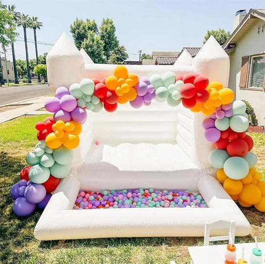 King Inflatable White Bounce House Castle with Ball Pit&Air Blower, White Jumper Bouncy Castle Wedding Decorations Jumping Bed for Party 8' x 10' x 8'