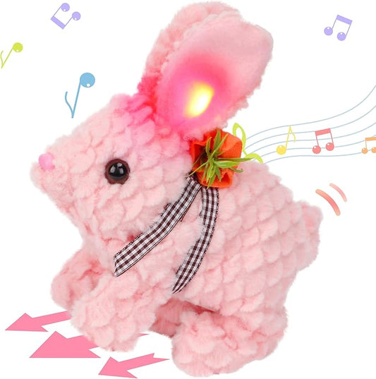 Hopearl Hopping Rabbit with LED Ears Carrot Backpack Interactive Plush Bunny Toy with Sounds Animated Walking Wiggle Light up Ears Twitch Nose Gift for Toddlers, Pink 7''