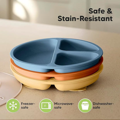 KeaBabies Suction Plates for Baby, Toddler - 3-Pack 100% Silicone Toddler Plates, Divided Baby Plates with Suction, Silicone Plates for Baby, Kids, BPA-Free, Microwave, Dishwasher Safe (Valiant)