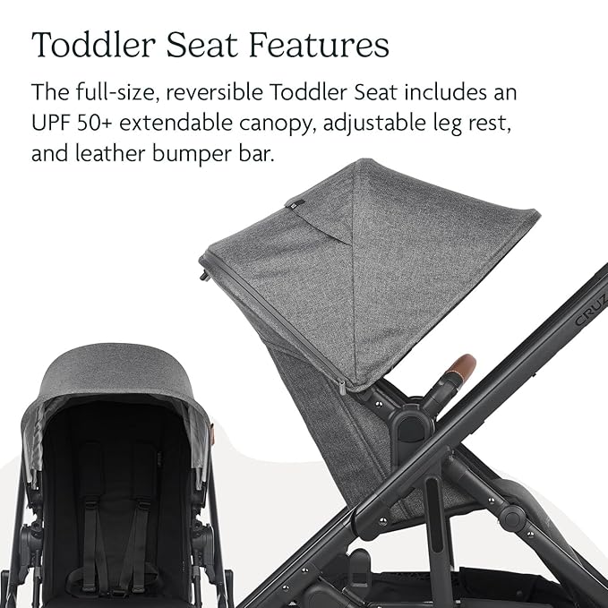 UPPAbaby Cruz V2 Stroller/Full-Featured Stroller with Travel System Capabilities/Toddler Seat, Bumper Bar, Bug Shield, Rain Shield Included/Greyson (Charcoal Mélange/Carbon Frame/Saddle Leather)