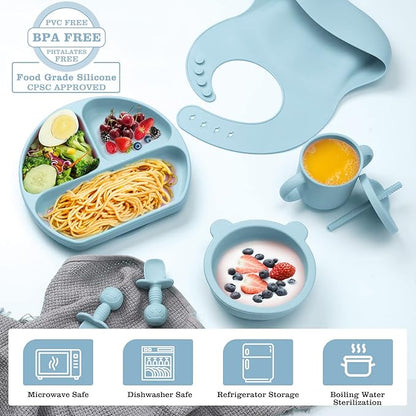 Silicone Baby Feeding Set, Baby Led Weaning Supplies with Suction Bowl Divided Plate, Toddler Self Feeding Dish Set with Spoons Forks Sippy Cup Adjustable Bib, Eating Utensils for 6+ Months(Blue)