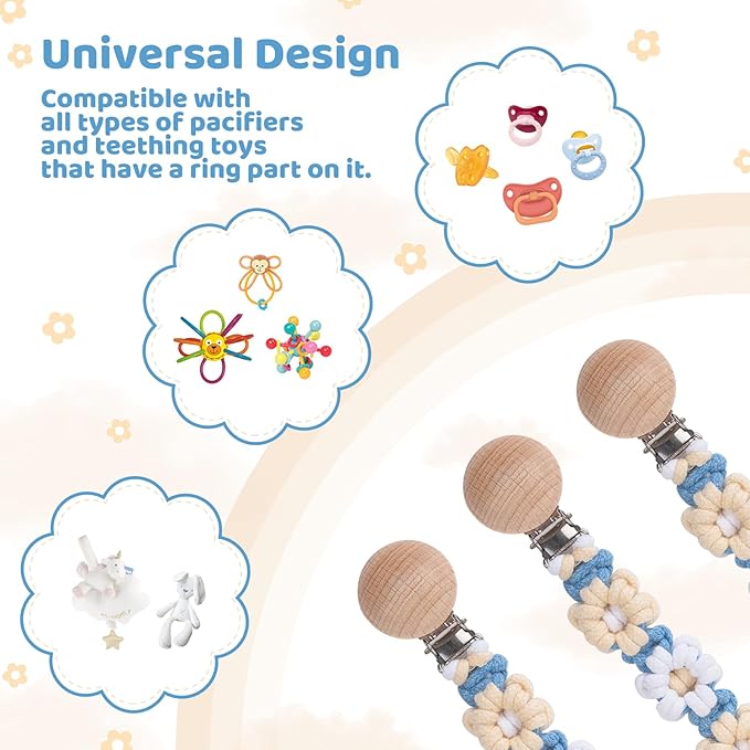Pacifier Clip for Boys Girls Floral Daisy Macrame Baby Paci (2pack:Daisy A
