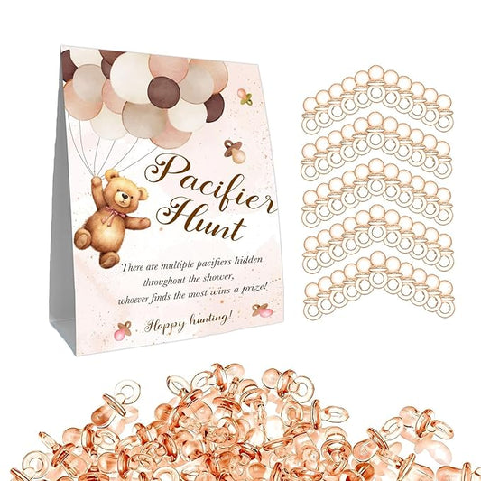 Winnie Pacifier Hunt Sign for Baby Shower Game, Mini Pacifiers Baby Shower Games Set 50Pcs Brown 5 * 7IN