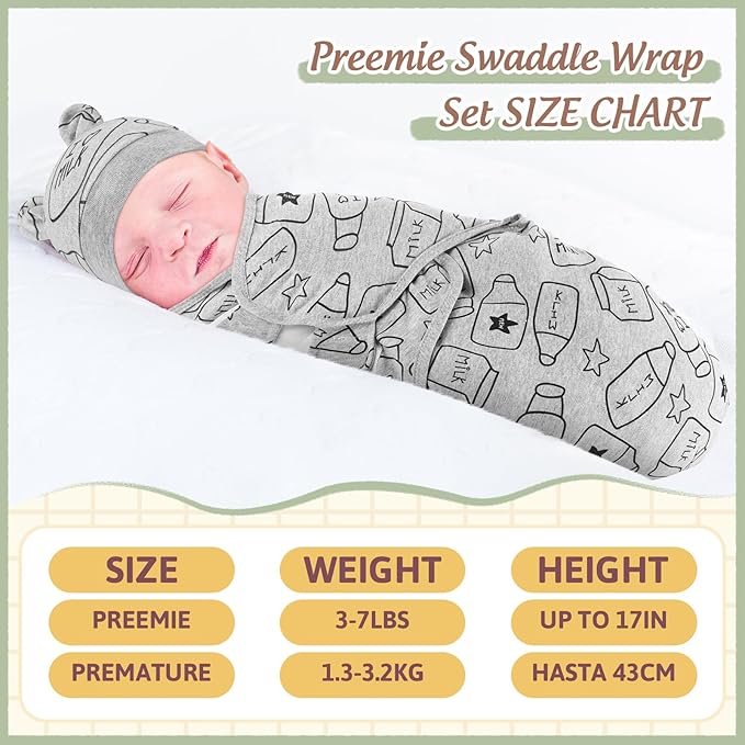 Buryeah 4 Pack Preemie Swaddle Blanket Wrap Set with Hat for Baby Boys Girls 3-7 Lbs Preemie Newborn Clothes Sleepers Cap
