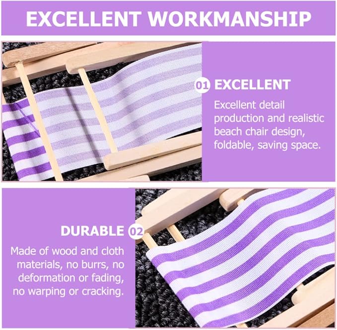 STOBOK Beach Accessories 3 Pcs Miniature Beach Chair Foldable Wooden Beach Chair Mini Lounge Chair Model Stripe Sunbath Chair and Desk Set Adorn for Kids Adults (Purple) Tiny Home