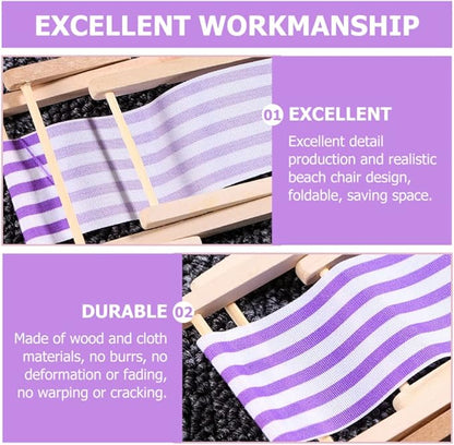 STOBOK Beach Accessories 3 Pcs Miniature Beach Chair Foldable Wooden Beach Chair Mini Lounge Chair Model Stripe Sunbath Chair and Desk Set Adorn for Kids Adults (Purple) Tiny Home