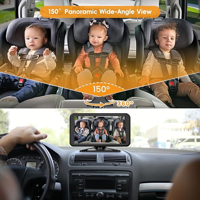 Baby Car Mirror Camera for 2 Kids with IR Night Vision, 3X Zoom Car Camera for Baby 1080P HD Images 360°Rotating Adjustable Car Seat Camera for Baby Rear Facing BV1