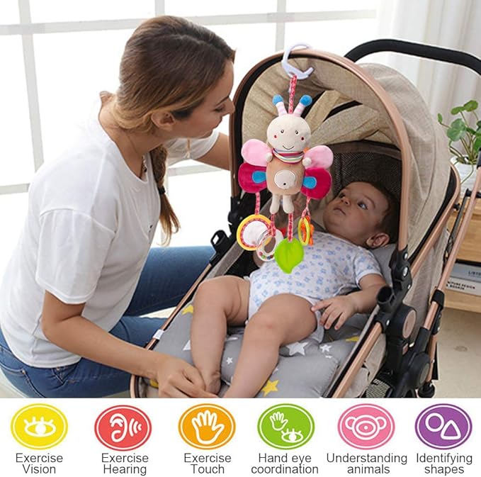 Sealive 4 Piece Baby Stroller Sensory Musical Toys, Soft Rattles Hanging Plush Activity Crib Car Seat Toys for Babies Boy Girl