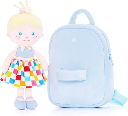 Onetoo Toddler Kids Backpack with Soft Baby Dolls in Plaid 9.5"