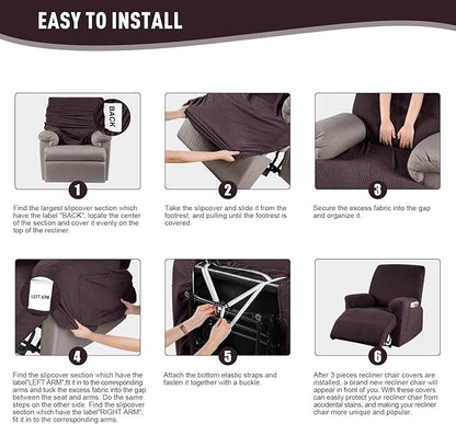 KinCam Recliner Covers, Stretch Reclining Chair Covers, Recliner Sofa Slipcovers Stripe Jacquard Recliner Couch Covers Furniture Protector Covers for Pet Kid (1 Seater, Chocolate)