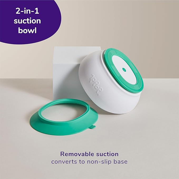 doddl Toddler and Baby Suction Bowl, Ergonomic Toddler Dishes for Self Feeding, 1-3 Year Olds, Dishwasher Safe, BPA Free (White & Aqua)