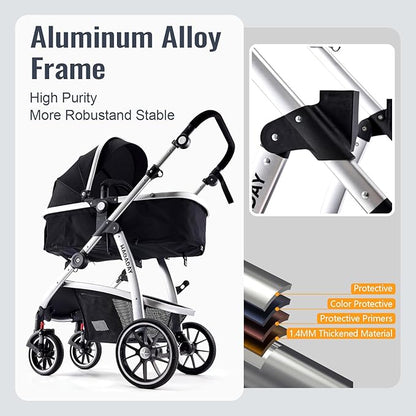 Baby Stroller, 2-in-1 Reversible Toddler Seat with Lie-Flat Mode, Foldable Infant Stroller with Canopy, One Button Brake, Adjustable Handle, Newborn Pushchair(Black)