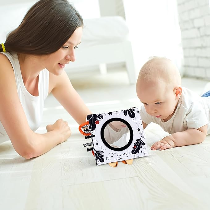 Soft Baby Book with Touch and Feel Pages - Cute Tummy Time Book for Babies 0-6 Months with Mirror & Crinkle Paper