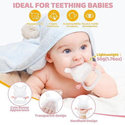 Orzbow Bunny Teething Toys for 3-12 months Baby Teether Bpa Free Food Grade Silicone, Easy to Grip Anti-Drop Hand Teething Mitten
