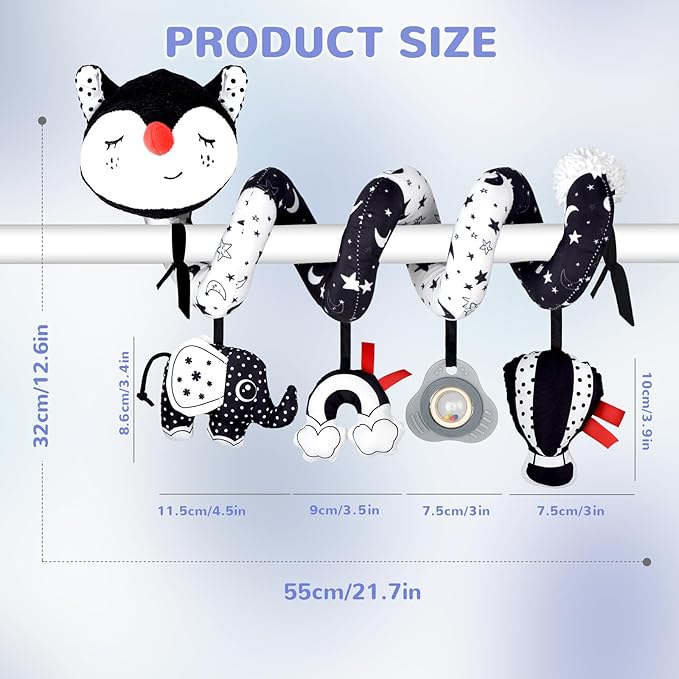 XIXILAND Musical Car Seat Toys Black and White Baby Toys, Infant Toys 0-6 Months Stroller Toys Newborn Toys, High Contrast Baby Toys for Newborn, Gift for 0 3 6 9 12 Months Girls Boys Babies