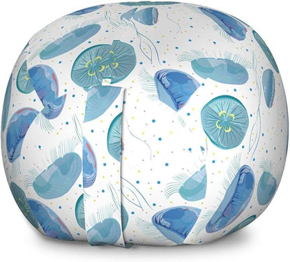 Lunarable Nautical Storage Toy Bag Chair, Jellyfish Pattern with Spotted Background Ocean Creatures Ornamental Sea Life, Stuffed Animal Organizer Washable Bag, Large Size, Pale Blue