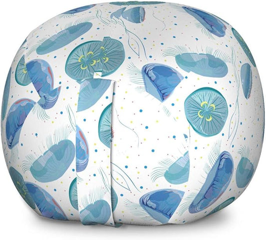 Lunarable Nautical Storage Toy Bag Chair, Jellyfish Pattern with Spotted Background Ocean Creatures Ornamental Sea Life, Stuffed Animal Organizer Washable Bag, Large Size, Pale Blue