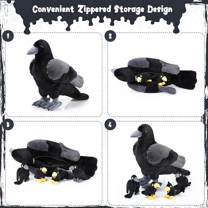 HyDren 5 Pcs Black Bird Plush Toy Set 14 Inch 4 Small