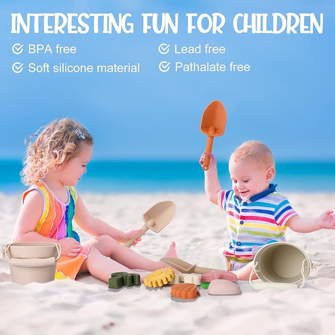 Hungdao 14 Pcs Silicone Beach Toys Travel Beach Set Sand Toys Include 2 Silicone Bucket Pail, 2 Shovel 9 Sand 1 Beach