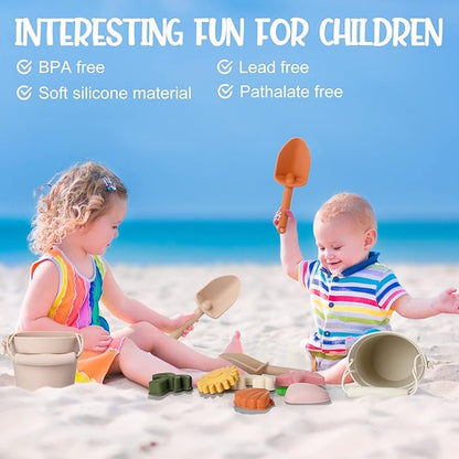 Hungdao 14 Pcs Silicone Beach Toys Travel Beach Set Sand Toys Include 2 Silicone Bucket Pail, 2 Shovel 9 Sand 1 Beach