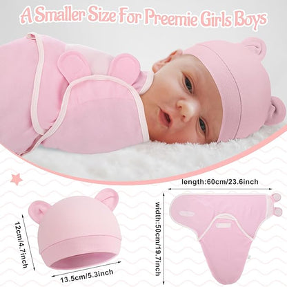 Buryeah 4 Pack Preemie Swaddle Blanket Wrap Set with Hat for Baby Boys Girls 3-7 Lbs Preemie Newborn Clothes Sleepers Cap