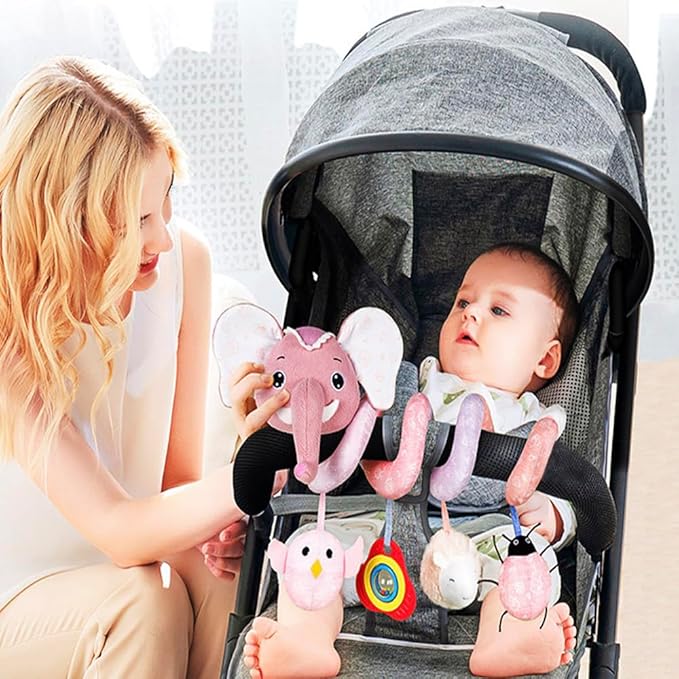Musical Owl Rattle Sheep Pink Elephant Car Seat Toys for Babies 0-6 Months, Hanging Stroller Toys for Baby Girls 3-6 Month, Newborn Girl Infants Gift Toy