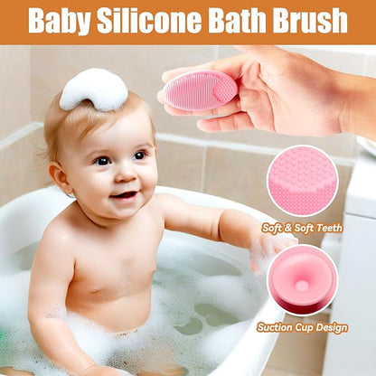 Wooden Soft Goat Bristles Brush with Baby Silicone Hair Scrubber Cradle Cap Brush for Newborn, Toddler, Infant, Baby Hair Care Kit (Pink)