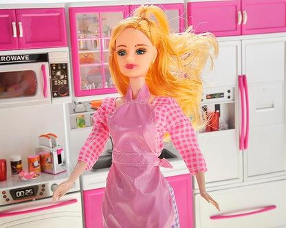 PowerTRC Doll Kitchen Play Set, Mini Modern Toy Pink Kitchen Pretend Furnitures Toy Set Accessories Set with Realistic Light & Sound for Kids Toddlers Girls (4-in-1 w/ 11.5” Doll)