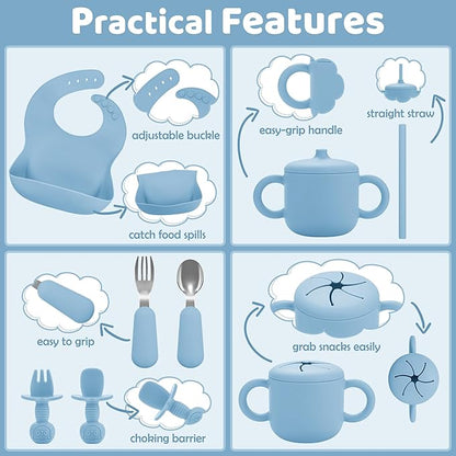 Silicone Baby Feeding Set, Baby Led Weaning Supplies, Eating Essentials Utensils with Suction Plate and Bowl, Pocket Bib, Sippy Cup with Lid, Forks Spoons Snack Container, for 6+ Months, Blue